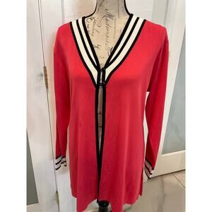 Misook women's pink and black striped Acrylic 2 hook closure open cardigan S